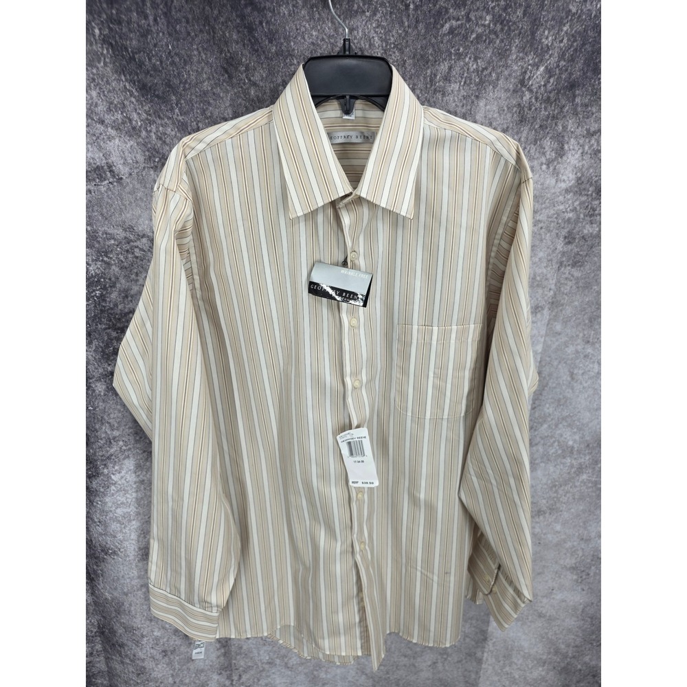 Geoffrey Beene Dress Shirt Mens XL 17 34/35 Brown Striped Wrinkle Free New FLAW